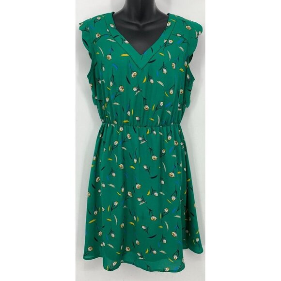 41Hawthorn Women Shift Dress Medium Green Ruffle Cap Sleeve V-Neck Stretch Waist - Picture 1 of 6